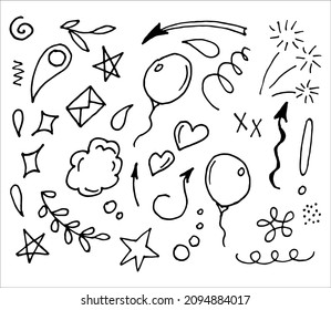 Hand drawn collection of doodle elements for design concept. Arrows, splashes, waves, broken lines, drops, circles, curly squiggles, geometric shapes and other abstract objects in the doodle style.