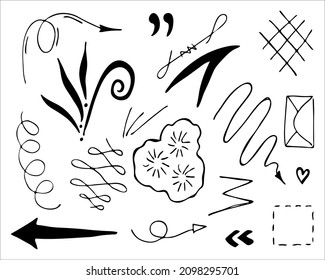 Hand drawn collection of doodle elements for design concept. Arrows, splashes, waves, broken lines, drops, circles, curly squiggles, geometric shapes and other abstract objects in the doodle style.