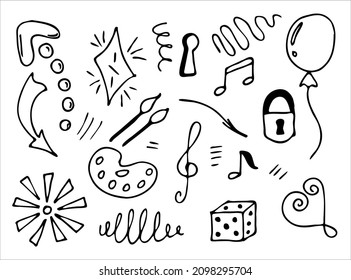 Hand drawn collection of doodle elements for design concept. Arrows, splashes, waves, broken lines, drops, circles, curly squiggles, geometric shapes and other abstract objects in the doodle style.