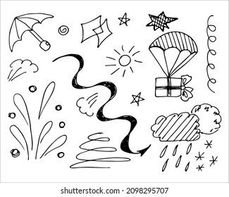 Hand drawn collection of doodle elements for design concept. Arrows, splashes, waves, broken lines, drops, circles, curly squiggles, geometric shapes and other abstract objects in the doodle style.