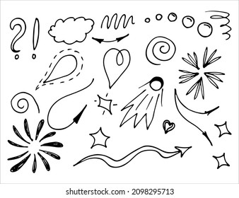 Hand drawn collection of doodle elements for design concept. Arrows, splashes, waves, broken lines, drops, circles, curly squiggles, geometric shapes and other abstract objects in the doodle style.