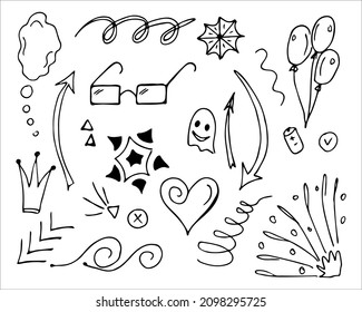 Hand drawn collection of doodle elements for design concept. Arrows, splashes, waves, broken lines, drops, circles, curly squiggles, geometric shapes and other abstract objects in the doodle style.