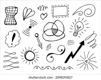 Handgezeichnete Kollektion von Doodle-Elementen für das Design-Konzept. Pfeile, Splash, Wellen, gebrochene Linien, Tropfen, Kreise, geschwungene Ecken, geometrische Formen und andere abstrakte Objekte im Doodle-Stil.