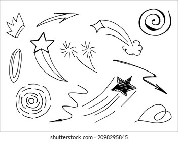 Hand drawn collection of doodle elements for design concept. Arrows, splashes, waves, broken lines, drops, circles, curly squiggles, geometric shapes and other abstract objects in the doodle style.