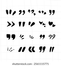 hand drawn collection of doodle quotation mark for quote text in fun and quirky style