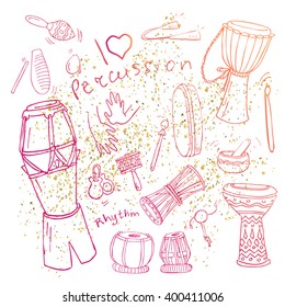 Hand drawn collection of doodles of different African, Indian, Brazilian and Oriental drums in pink and orange colors and golden dust on the background.