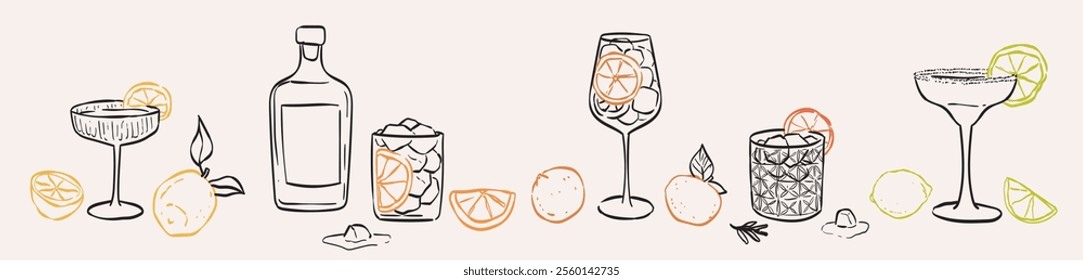 Hand drawn collection of drinks and cocktails. Vector illustration of classic cocktails in different types of glasses. Alcohol beverages in doodle ink sketch style for wedding or birthday party menu.