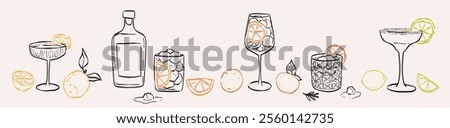 Hand drawn collection of drinks and cocktails. Vector illustration of classic cocktails in different types of glasses. Alcohol beverages in doodle ink sketch style for wedding or birthday party menu.