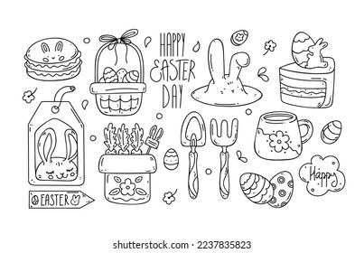Hand drawn collection of Easter doodles. Line art, cartoon style. Festive mood.