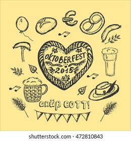 Hand drawn collection of elements for Oktoberfest in Germany: brezel, bread, sausage, mug with beer, balloon, hat, leaves, flag, Gruess Gott frase in German, music note. Vector illustration. 