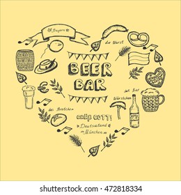 Hand drawn collection of elements for Oktoberfest in Germany: brezel, bread, sausage, mug with beer, balloon, hat, leaves, flag,music note. Vector illustration. Form of heart. 