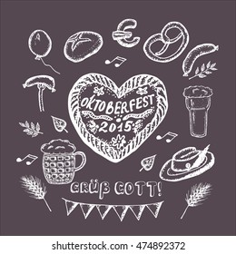 Hand drawn collection of elements for Oktoberfest in Germany: brezel, bread, sausage, mug with beer, balloon, hat, leaves, flag, Gruess Gott phrase in German, music note. Vector illustration. 