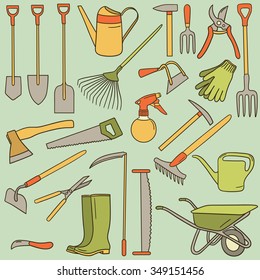 Hand drawn collection of farming tools. Big set of sketch objects. Colorful illustration with tool icons set. Background design