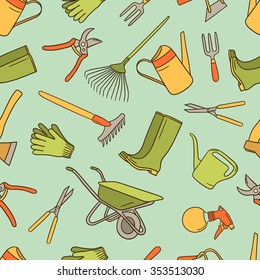 Hand drawn collection of farming tools. Seamless pattern design, set of objects. Colorful illustration with tool icons set. Decorative wallpaper, good for printing