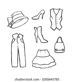 Hand drawn collection of fashion icons. Look Book.Trendy clothes, footwear and accessories