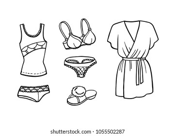 Hand drawn collection of fashion icons. Look Book.Trendy home clothes, footwear and underwear. Bathrobe, slipper, panties, bra, string