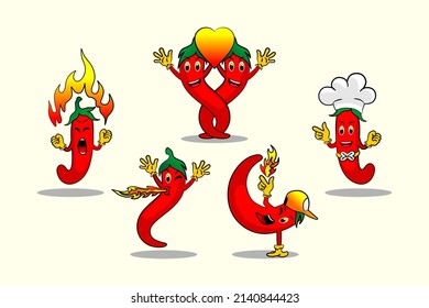 Hand drawn collection of flat cartoon chili characters with different styles