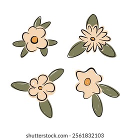 Hand drawn collection of floral designs featuring four distinct flower types with leaves