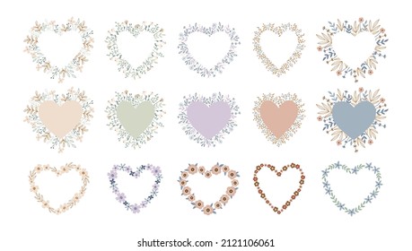 Hand drawn collection of floral hearts isolated on white. Vector flower frames for Valentines Day, Mothers Day, prints and cards. Blooming botanical illustration. Vector arrangement in flat style