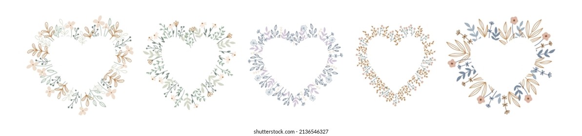 Hand drawn collection of floral hearts isolated on white. Vector flower frames for Valentines Day, Mothers Day, prints and cards. Blooming botanical illustration. Vector arrangement in flat style