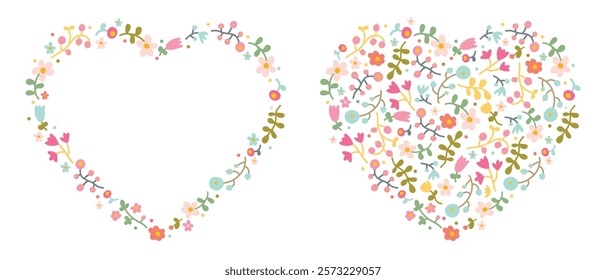 Hand drawn collection of floral hearts isolated on a transparent background. Vector flower frames for Valentines Day, Mothers Day, prints and cards. Blooming botanical. Cute illustration.