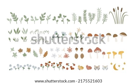 Hand drawn collection with forest elements: herbs, plants, cones, flowers, leaves, mushrooms, grasses, berries. Huge woodland set. Cartoon forest flora. Vector botanical illustration 商業照片 © 