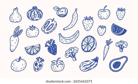Hand drawn collection of fruits and vegetables vibrant illustrations of apples berries carrots and more perfect for culinary designs farm fresh branding or healthy lifestyle projects