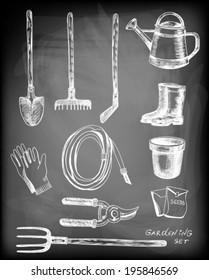 Hand - drawn collection of garden related objects and tools on chalkboard background.