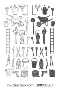  Hand drawn collection of garden tools. Spring gardening, sketch. Isolated