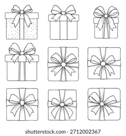 Hand drawn collection of gift boxes with bows in black and white sketch style