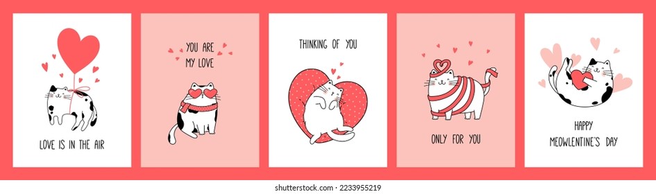 Hand drawn collection greeting cards and posters with cute cats for Valentine's Day. Vector design concept. Outline illustration cartoon style.