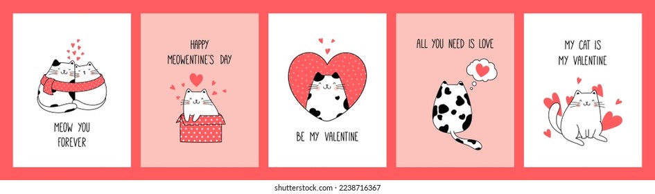 Tarjetas de felicitación de recolección a mano y afiches con lindos gatos para el Día de San Valentín. Concepto de diseño de vectores. Estilo de dibujo gráfico de ilustraciones para impresión de vacaciones.