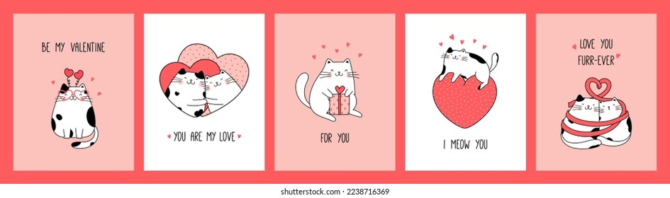 Tarjetas de felicitación de recolección y afiches dibujados a mano con adorables gatos graciosos para el Día de San Valentín. Concepto de diseño de vectores. Estilo de caricatura de ilustración de esquema.