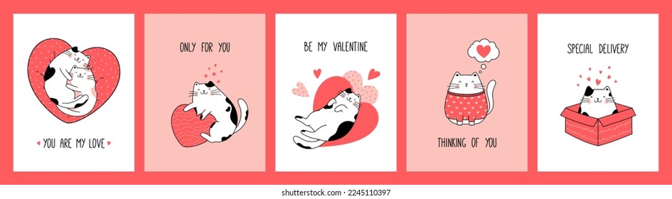 Hand drawn collection greeting cards and posters with cute cats for Valentine's Day and Love. Vector design concept. Outline illustration cartoon style.