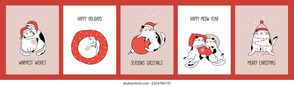 Hand drawn collection greeting cards and posters with cute cats for Christmas and New Year. Vector design concept. Outline illustration cartoon style.