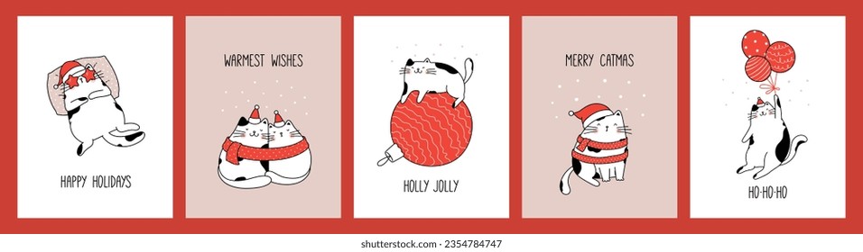 Hand drawn collection greeting cards and posters with cute funny cats for Christmas and New Year. Vector design concept. Outline illustration cartoon style for holiday print.