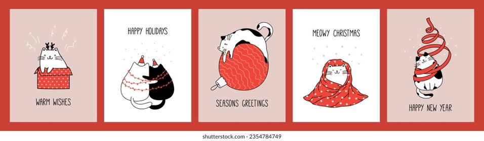 Hand drawn collection greeting cards and posters with cute cats for Christmas and New Year. Vector design concept. Outline illustration cartoon style for holiday print.