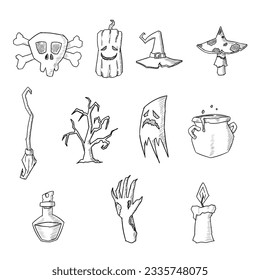 Hand drawn collection of Halloween illustrations. Isolated objects on a white background. Sketch style.