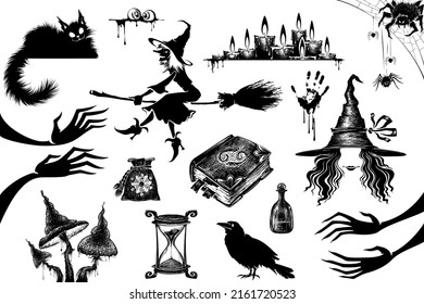 Hand drawn collection of halloween silhouettes icon and character. Sorceress collection. Occult elements in graphic style.Witchcraft mystical magic elements. 
 Set of esoteric objects,occult equipment.