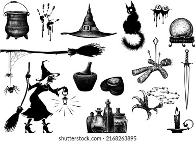 Hand drawn collection of halloween silhouettes icon and character.Sorceress collection.
Occult elements in graphic style.Witchcraft mystical magic elements. 
 Set of esoteric objects,occult equipment.