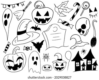 Hand drawn collection of Halloween stuff vector illustration, Horror icons set isolated in a white background 