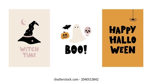 Hand drawn collection of Halloween vector cards. Funny and spooky posters for Halloween party and autumn design. Ghosts, pumpkins, skulls, bats, spiders. Flat vector festive illustration