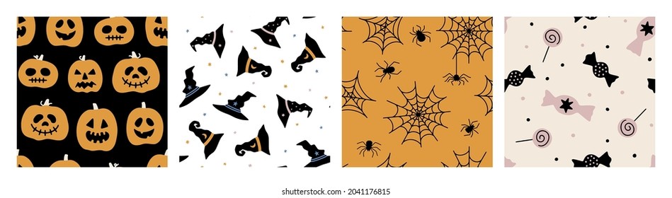 Hand drawn collection of Halloween vector seamless patterns. Ghosts, skulls, bats, pumpkins, candies. Trendy and spooky repeatable background for Halloween and autumn holidays. Flat festive graphics