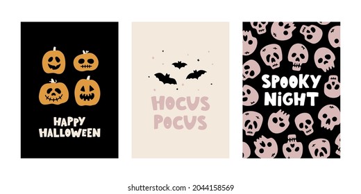 Hand drawn collection of Halloween vector cards. Funny and spooky posters for Halloween party and autumn design. Ghosts, pumpkins, skulls, bats, spiders. Flat vector festive illustration