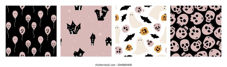 Hand drawn collection of Halloween vector seamless patterns. Ghosts, skulls, bats, pumpkins, candies. Trendy and spooky repeatable background for Halloween and autumn holidays. Flat festive graphics