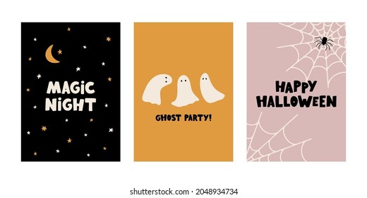 Hand drawn collection of Halloween vector cards. Funny and spooky posters for Halloween party and autumn design. Ghosts, pumpkins, skulls, bats, spiders. Flat vector festive illustration