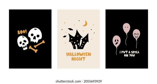 Hand drawn collection of Halloween vector cards. Funny and spooky posters for Halloween party and autumn design. Ghosts, pumpkins, skulls, bats, spiders. Flat vector festive illustration