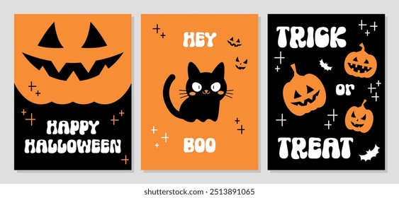 Colección dibujada a mano de tarjetas de Vector de Halloween. Carteles divertidos y espeluznantes para invitaciones de fiesta de Halloween, tarjetas de felicitación, carteles. Calabaza, gato brujo, sonrisa aterradora, truco o trato. Boo Feliz Halloween