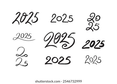 Hand drawn collection of handwritten 2025 number. Vector doodle set of 2025 Happy New Year symbols