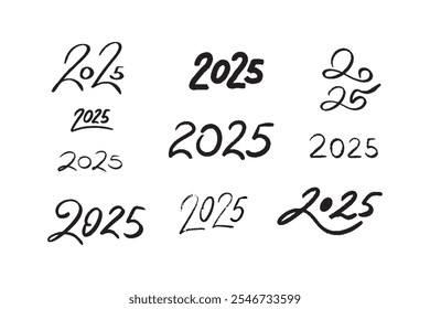 Colección dibujada a mano del número escrito a mano de 2025. Vector doodle conjunto de 2025 feliz año Nuevo símbolos